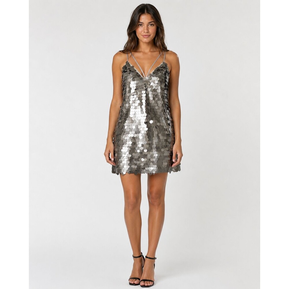 Missguided Size 6 Silver Disc Sequin Strappy Mini Dress Party Cocktail